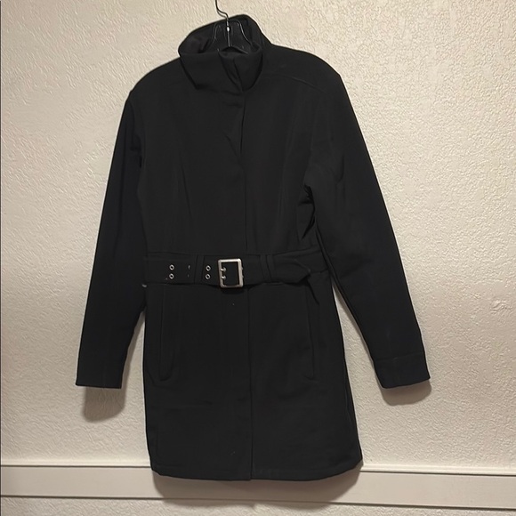Black Trench Coat with Belted Waist and High Collar - Picture 1 of 8